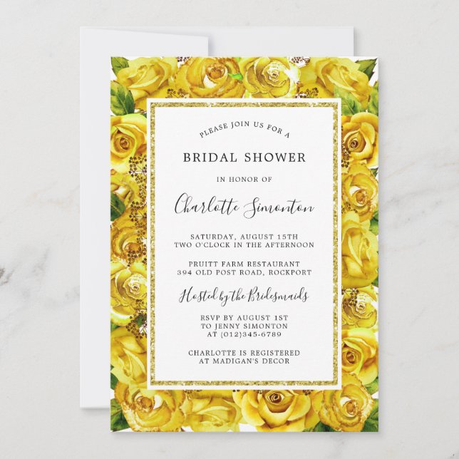 Jolie Rose Jaune Floral Douche nuptiale Invitation (Devant)