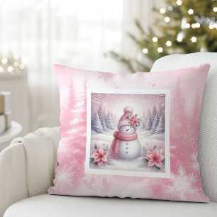 Jolie scène de neige rose oreiller doux bonhomme d