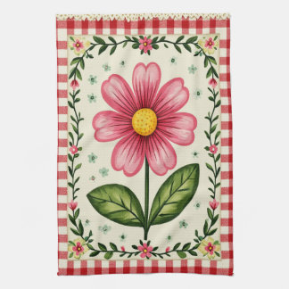 Jolie serviette de thé à fleurs en vichy.