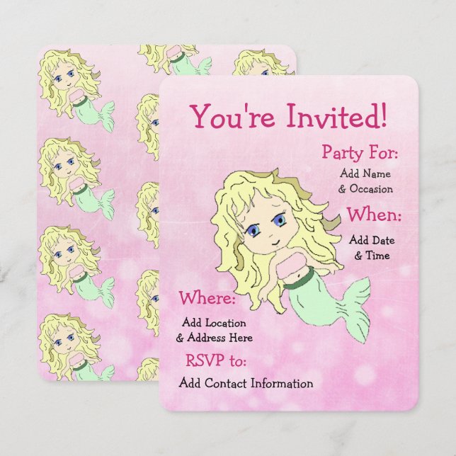 Jolie Sirène Anniversaire Fête Invitations (Devant / Derrière)