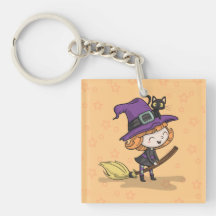 Jolie sorcière d'Halloween et chat | Porte-clé