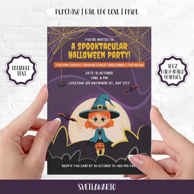 Jolie sorcière Ginger Halloween Invitation de la f (Cute Ginger Witch Girl Halloween Party Invitation)