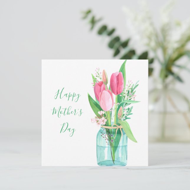 Jolie Tulipes roses Bouquet Carte de fête des mère (Debout devant)
