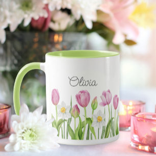 Jolie Tulipes roses et Daffodiles blancs Café Mug