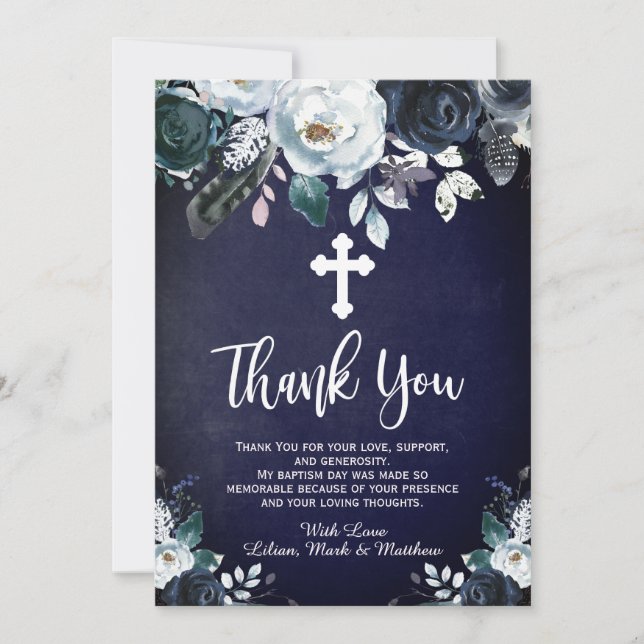 Jolies Cartes de Remerciement de Baptême Florales  (Devant)