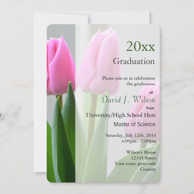 Jolies fleurs de tulipe rose invitations de gradua (Devant)