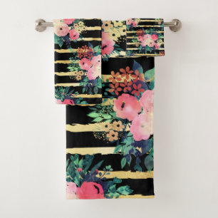 Jolies fleurs roses peindre des bandes d'or Motif
