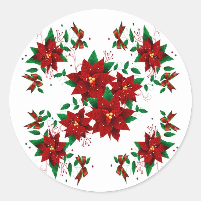 Jolies Fleurs Rouges de Noël Autocollant Rond Clas (Devant)