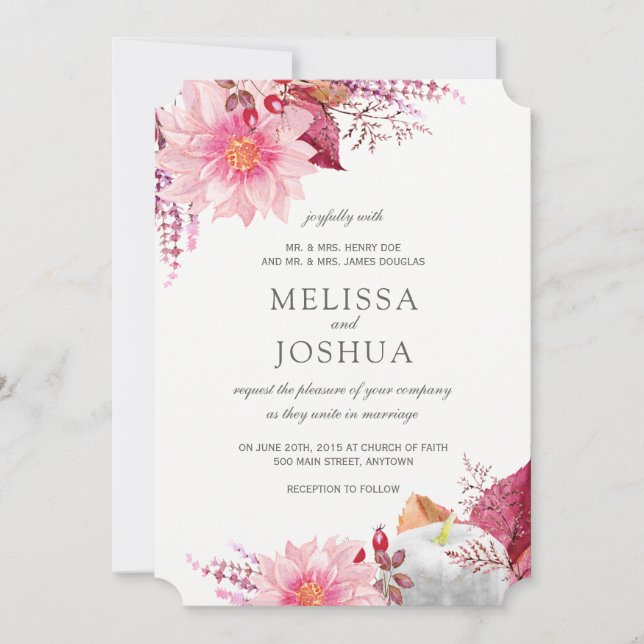Jolies invitations Mariages de automne Dahlias (Devant)