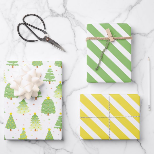 Jolis arbres de Noël Papier cadeau ensemble de 3 (Recto)
