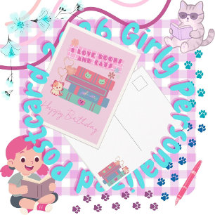 Jolis livres et chats Carte de vœux rose féminine 