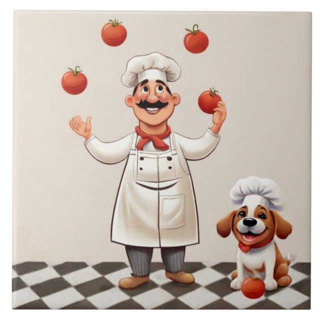 Jolly Chef: French Cook Juggling Tomatoes with dog Fliese (Vorderseite)