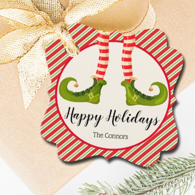 Jolly Christmas Elf Legs Stripes EXTRAVAGANT Geschenkanhänger (Christmas Elf Legs Stripes Holiday Fancy Square Favor Tags Personalized)