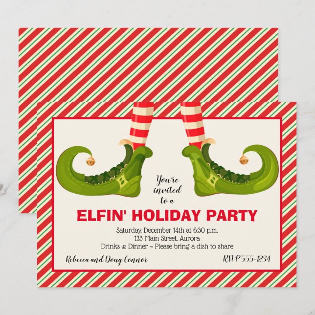Jolly Christmas Elf Legs Stripes Holiday Invites (Vorne/Hinten)