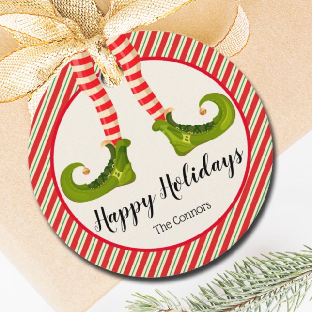 Jolly Christmas Elf Legs Stripes Holiday ROUND Geschenkanhänger (Jolly Christmas Elf Legs Stripes Holiday ROUND Favor Tags)