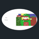 Jolly Christmas Elf Ovaler Aufkleber<br><div class="desc">Ein niedlicher kleiner Elf oder auch als Helfer des Santa bekannt. Dressed in einem hellgrünen Anzug und Hut. Eine große Gruppe feierlich umhüllter Geschenke rund um ihn. Passen Sie Ihre Wünsche an.</div>