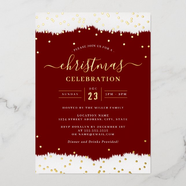 Jolly Confetti Gold Red Christmas Party Folieneinladung (Vorderseite)