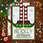 Jolly Elf Christmas Cocktail Party Einladung<br><div class="desc">Niedliche Elfbeine mit rot-weiß gestreiften Strümpfen und grüne Elfschuhe mit Glocken. Verändern Sie das Thema einfach,  indem Sie "festliche Weihnachtscocktails" in "Feiertagsgeschenktausch" oder "Weihnachts-Dinner-Party" ändern. Wenn Sie Hilfe bei der Anpassung dieser Karte benötigen,  kontaktieren Sie mich bitte über den Link auf der Seite.</div>