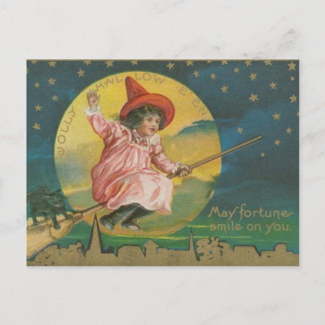Jolly Halloween Pink Hexe auf Broom Vintag Postkarte (Vorderseite)