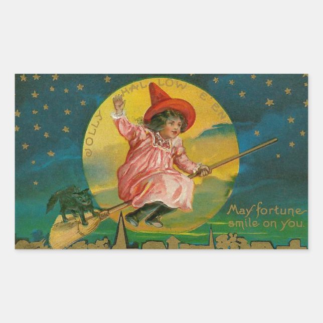 Jolly Halloween Vintag Hexe Rechteckiger Aufkleber (Vorderseite)