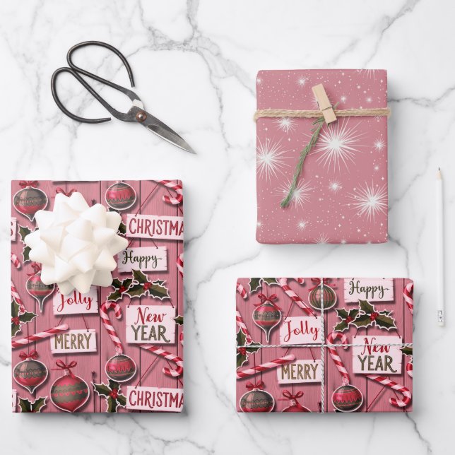 Jolly Holiday Jumble Pink Geschenkpapier Set (Vorderseite)