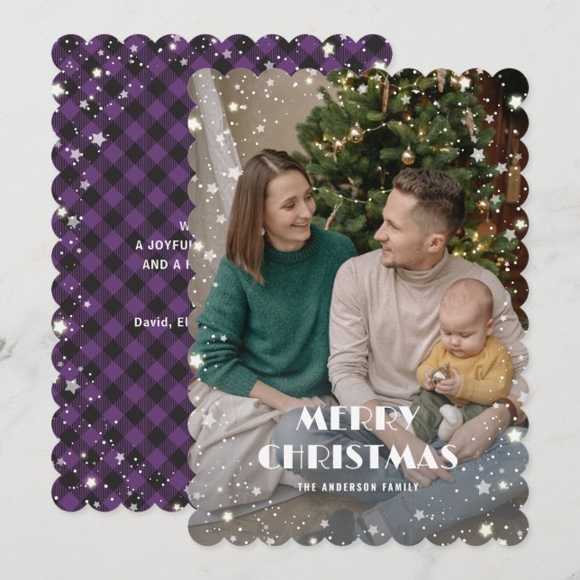 Jolly Lila Kariert Starry Foto Frohe Weihnachten (Vorne/Hinten)