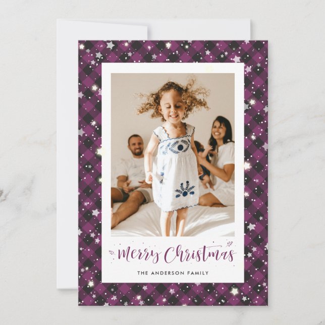 Jolly Lila Kariertes Foto Frohe Weihnachten (Vorderseite)