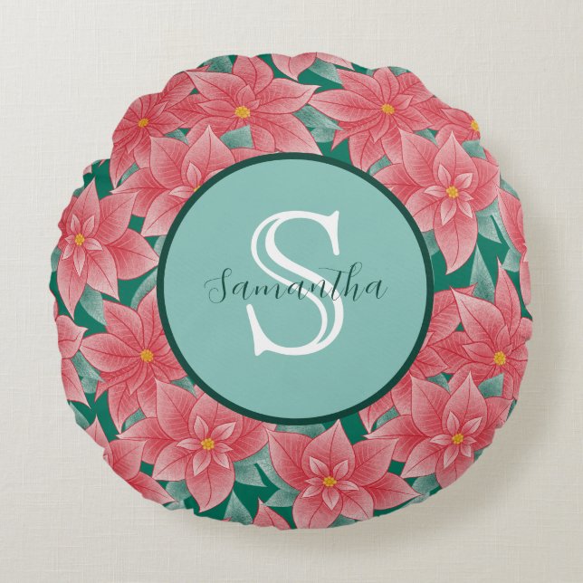 Jolly Poinsettia Personalisiert Monogram Rundes Kissen (Vorderseite)