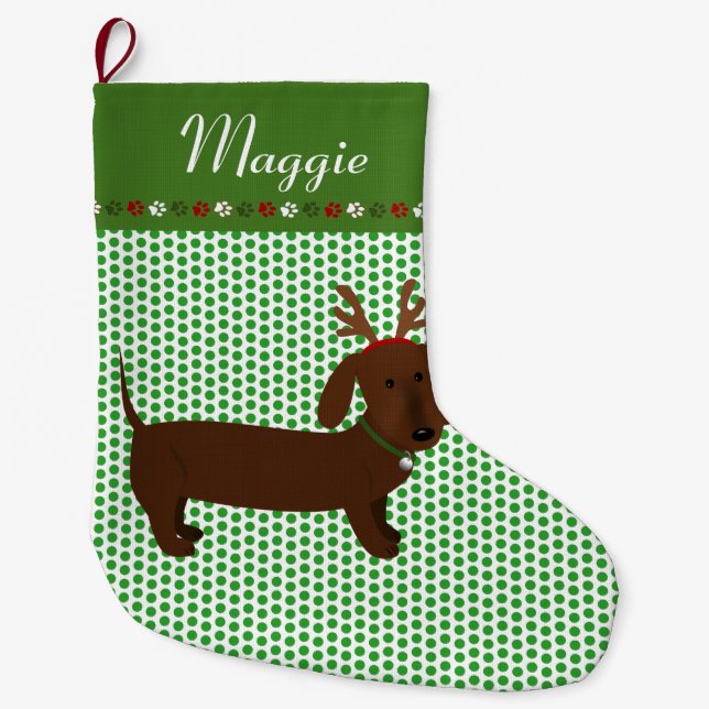 Jolly Reindeer Brown Dackel Personalisiert Großer Weihnachtsstrumpf (Vorderseite)