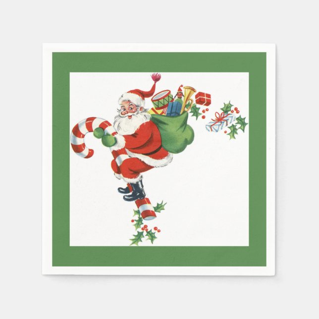 Jolly Retro Santa Riding Candy Cane Grünbuch Serviette (Vorderseite)