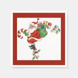 Jolly Retro Santa Riding Candy Cane Red Serviette