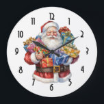 Jolly Santa Claus Classic Christmas Große Wanduhr<br><div class="desc">Eine Uhr mit einem niedlichen Weihnachtsbild. Ein traditioneller Weihnachtsmann in seinem klassisch roten Outfit. Seine Arme voller Geschenke. Bereit,  Geschenke für alle zu bringen.</div>