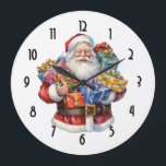 Jolly Santa Claus Classic Christmas Große Wanduhr<br><div class="desc">Eine Uhr mit einem niedlichen Weihnachtsbild. Ein traditioneller Weihnachtsmann in seinem klassisch roten Outfit. Seine Arme voller Geschenke. Bereit,  Geschenke für alle zu bringen.</div>