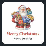 Jolly Santa Claus Classic Christmas Quadratischer Aufkleber<br><div class="desc">Aufkleber mit einem niedlichen Weihnachtsbild. Ein traditioneller Weihnachtsmann in seinem klassisch roten Outfit. Seine Arme voller Geschenke. Bereit,  Geschenke für alle zu bringen.</div>
