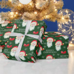 Jolly Santa Claus Dark Green Christmas Geschenkpapier<br><div class="desc">Dieses Weihnachtsgeschenkpapier mit einer klassischen Grafik des Weihnachtsmanns ist mit roten Bögen und weißen Schneeflocken auf dunkelgrünem Hintergrund akzentuiert.</div>