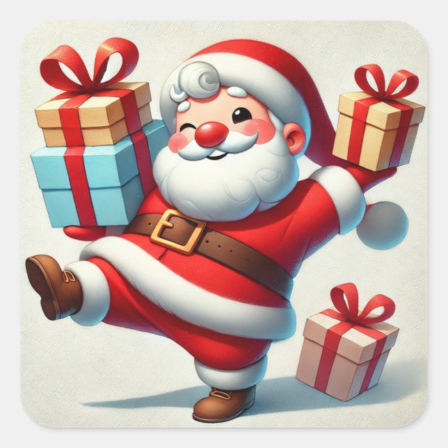 Jolly Santa Claus Holding Geschenkboxen Quadratischer Aufkleber (Vorderseite)