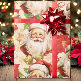 Jolly Santa Claus Holly Poinsettias Christmas Geschenkpapier