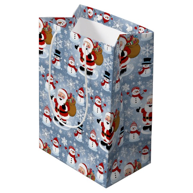 Jolly Santa Claus und Snowmen Weihnachtsmuster Mittlere Geschenktüte (Rückseite Schrägansicht)