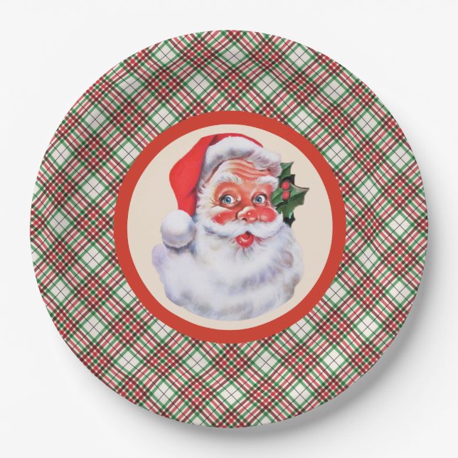 Jolly Santa Claus Weihnachts Kariertes Party Pappteller (Vorderseite)