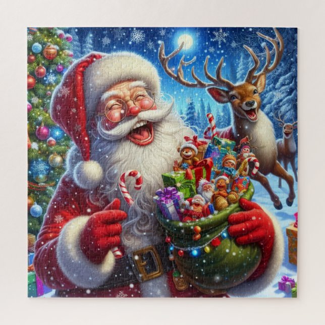 Jolly Santa und Rentier mit Weihnachtsspielzeug (Vertikal)