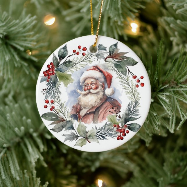 Jolly Smilly Santa Watercolor Weihnachtskranz Keramik Ornament (Baum)