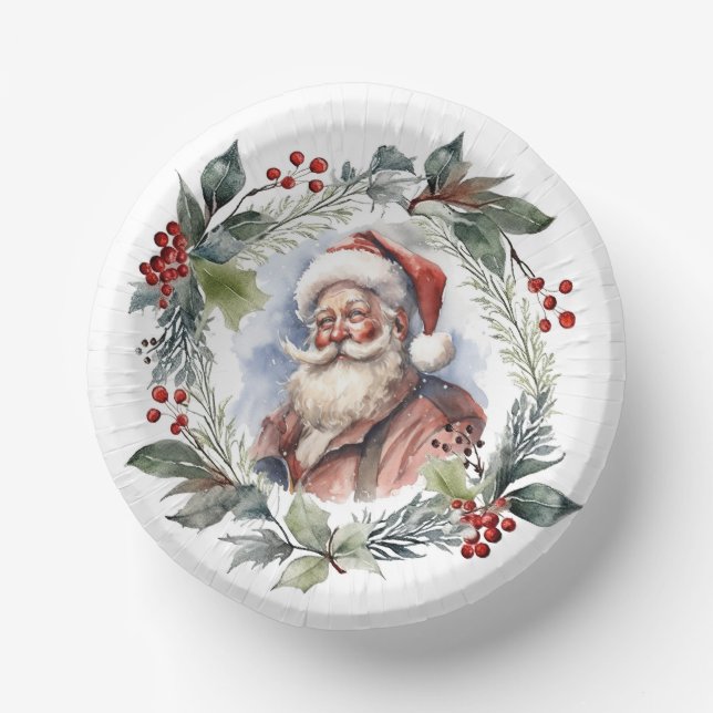 Jolly Smilly Santa Watercolor Weihnachtskranz Pappteller (Vorderseite)