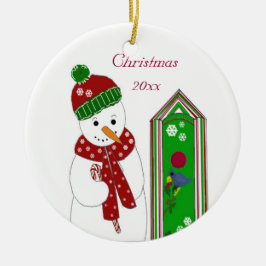 Jolly Snowman and Bird House Keramik Ornament