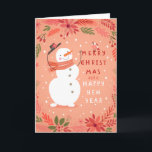 Jolly Snowman Christmas - Warme Wünsche Feiertagskarte<br><div class="desc">Freuen Sie sich auf einen erholsamen Urlaub in diesem reizvollen Design mit einem fröhlichen Schneemann, der seinen Hut umkippt, umgeben von festlichen Blättern und einem kleinen, süßen Vogel. Mit einem warmen, pfirsichfarbenen Hintergrund und einer spielerischen Botschaft von "Frohe Weihnachten und ein glückliches Neues Jahr" bringt diese Karte eine Touch von...</div>