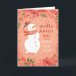 Jolly Snowman Christmas - Warme Wünsche Feiertagskarte<br><div class="desc">Freuen Sie sich auf einen erholsamen Urlaub in diesem reizvollen Design mit einem fröhlichen Schneemann, der seinen Hut umkippt, umgeben von festlichen Blättern und einem kleinen, süßen Vogel. Mit einem warmen, pfirsichfarbenen Hintergrund und einer spielerischen Botschaft von "Frohe Weihnachten und ein glückliches Neues Jahr" bringt diese Karte eine Touch von...</div>