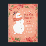 Jolly Snowman Christmas - Warme Wünsche Feiertagspostkarte<br><div class="desc">Freuen Sie sich auf einen erholsamen Urlaub in diesem reizvollen Design mit einem fröhlichen Schneemann, der seinen Hut umkippt, umgeben von festlichen Blättern und einem kleinen, süßen Vogel. Mit einem warmen, pfirsichfarbenen Hintergrund und einer spielerischen Botschaft von "Frohe Weihnachten und ein glückliches Neues Jahr" bringt diese Karte eine Touch von...</div>