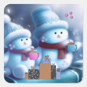 Jolly Snowman Couple Coffee Quadratischer Aufkleber