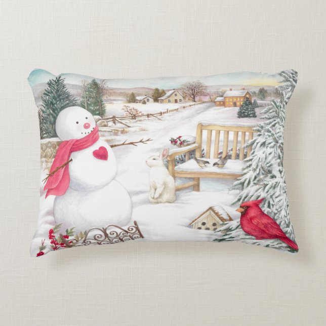 Jolly Snowman mit Kardinal und Bunny Dekokissen (Vorderseite)