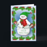 Jolly Snowman Weihnachtskarte Feiertagskarte<br><div class="desc">Jolly frostiger Schneemann mit rotem Schal und Fäusten und grünem Hut wird während der Ferien ein Lächeln bringen. Die heilige Grenze und der blaue Hintergrund verleihen dieser einzigartigen Grußkarte einen fröhlichen Weihnachtsjubiläum. Fügen Sie Ihren Familiennamen vor der Karte und Vers innerhalb kann in der Vorlage geändert werden. Zwei Bilder in...</div>