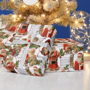 Jolly Vintag Santa, Holly & Music Collage Geschenkpapier